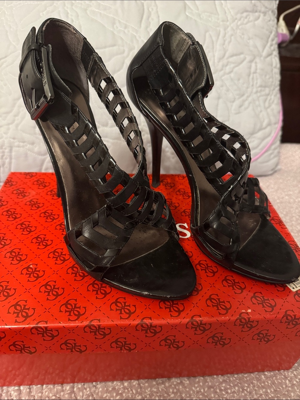 Guess Black Strappy Cage High Heel Sandals - Women's Dress Heels